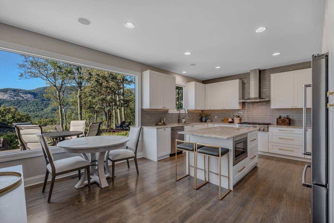 Kitchen and breakfast area with mountain views